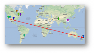A map showing the trajectory of a bitcoin as it makes its way around the world.